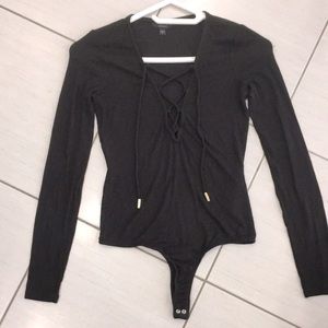 GUESS Black Rib Knit V-Neck Bodysuit  long Sleeve Thong Fit